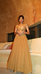 Ochre Floret V Bodice with Up–Down Panel Lehenga