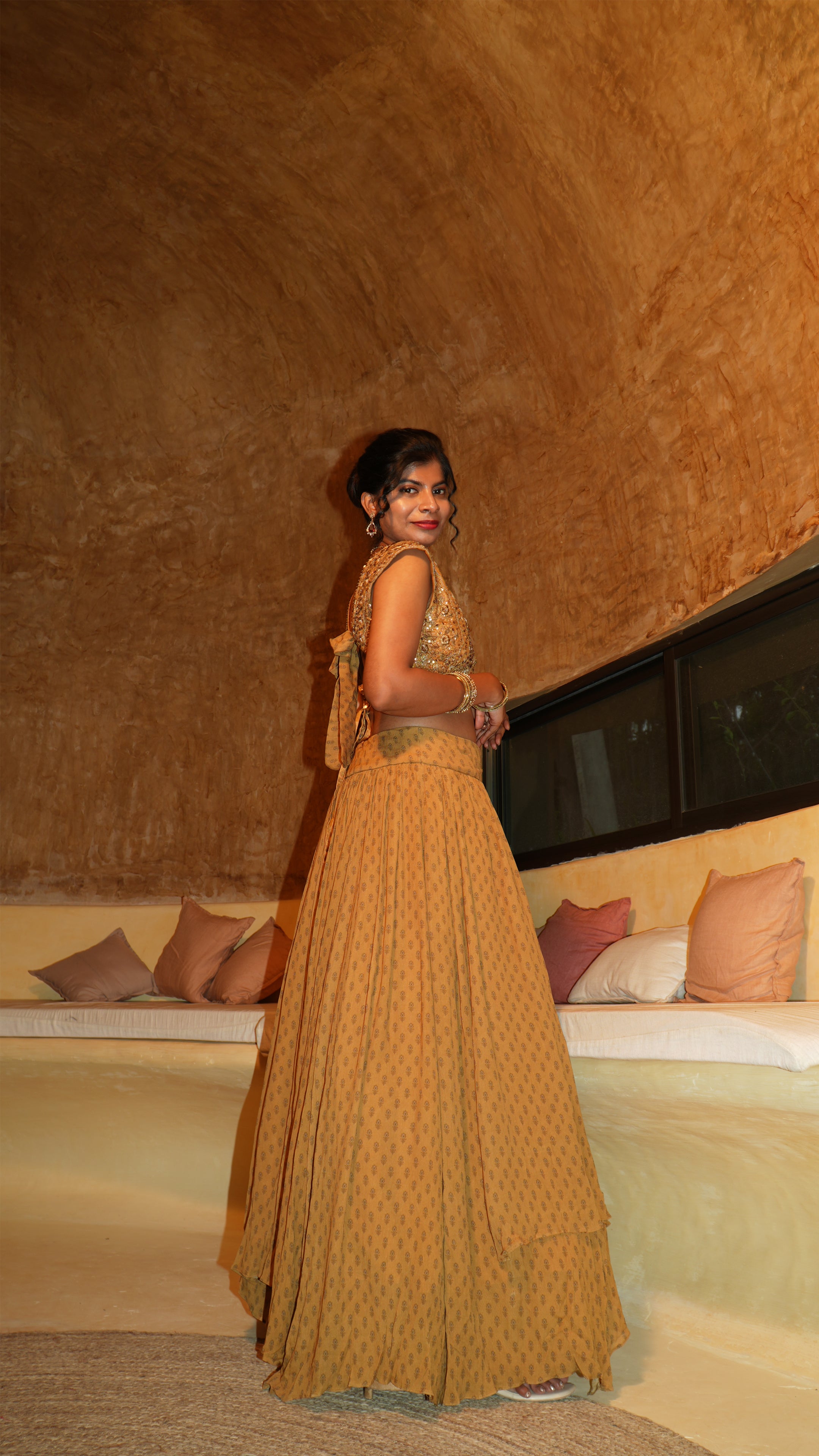 Ochre Floret V Bodice with Up–Down Panel Lehenga
