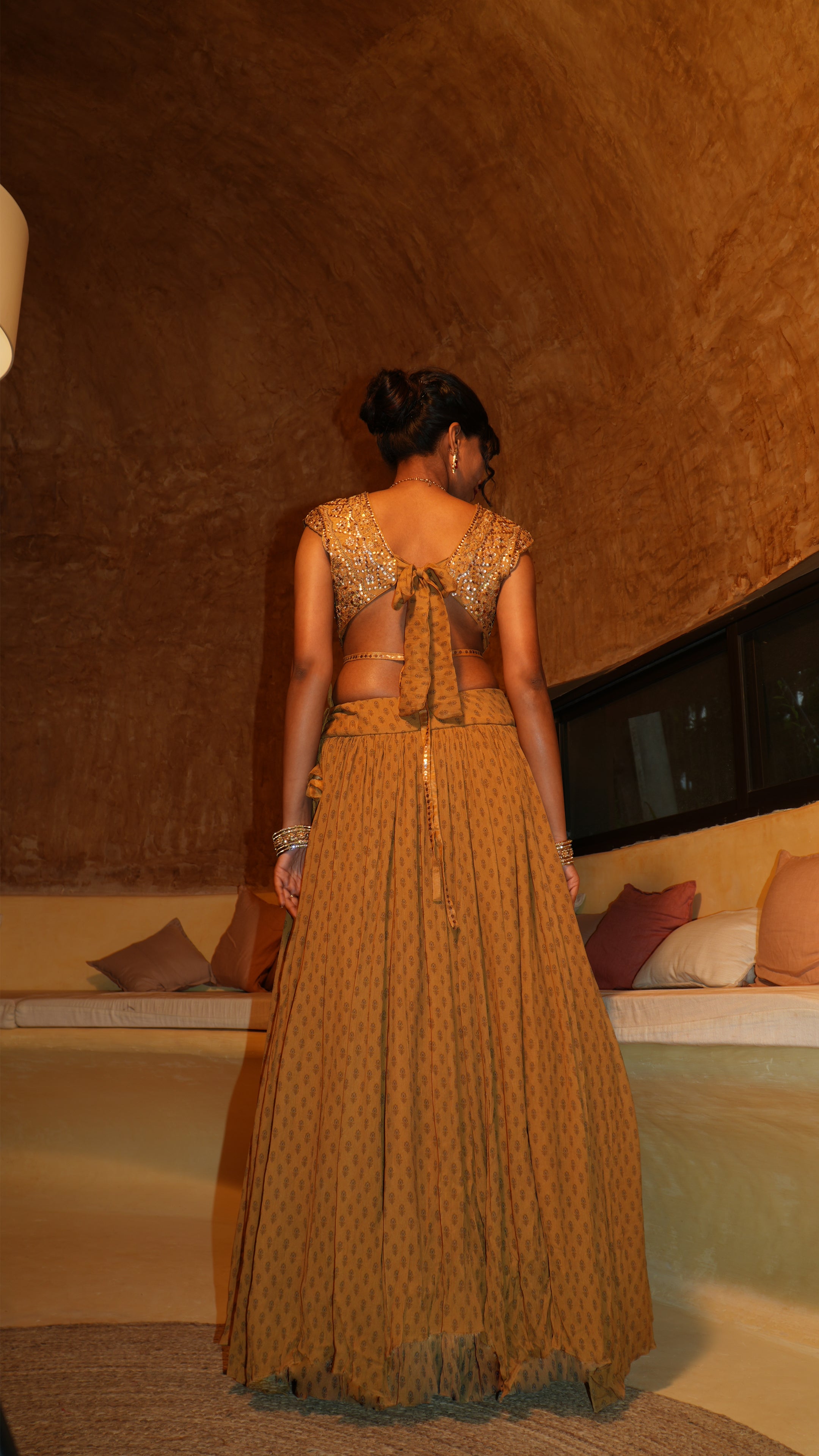 Ochre Floret V Bodice with Up–Down Panel Lehenga