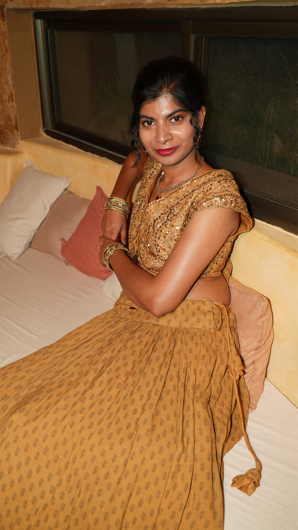 Ochre Floret V Bodice with Up–Down Panel Lehenga