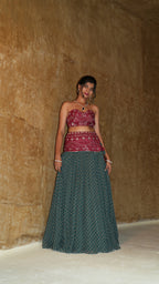 RED TERRA SHEAR FLORAL LEHENGA SET