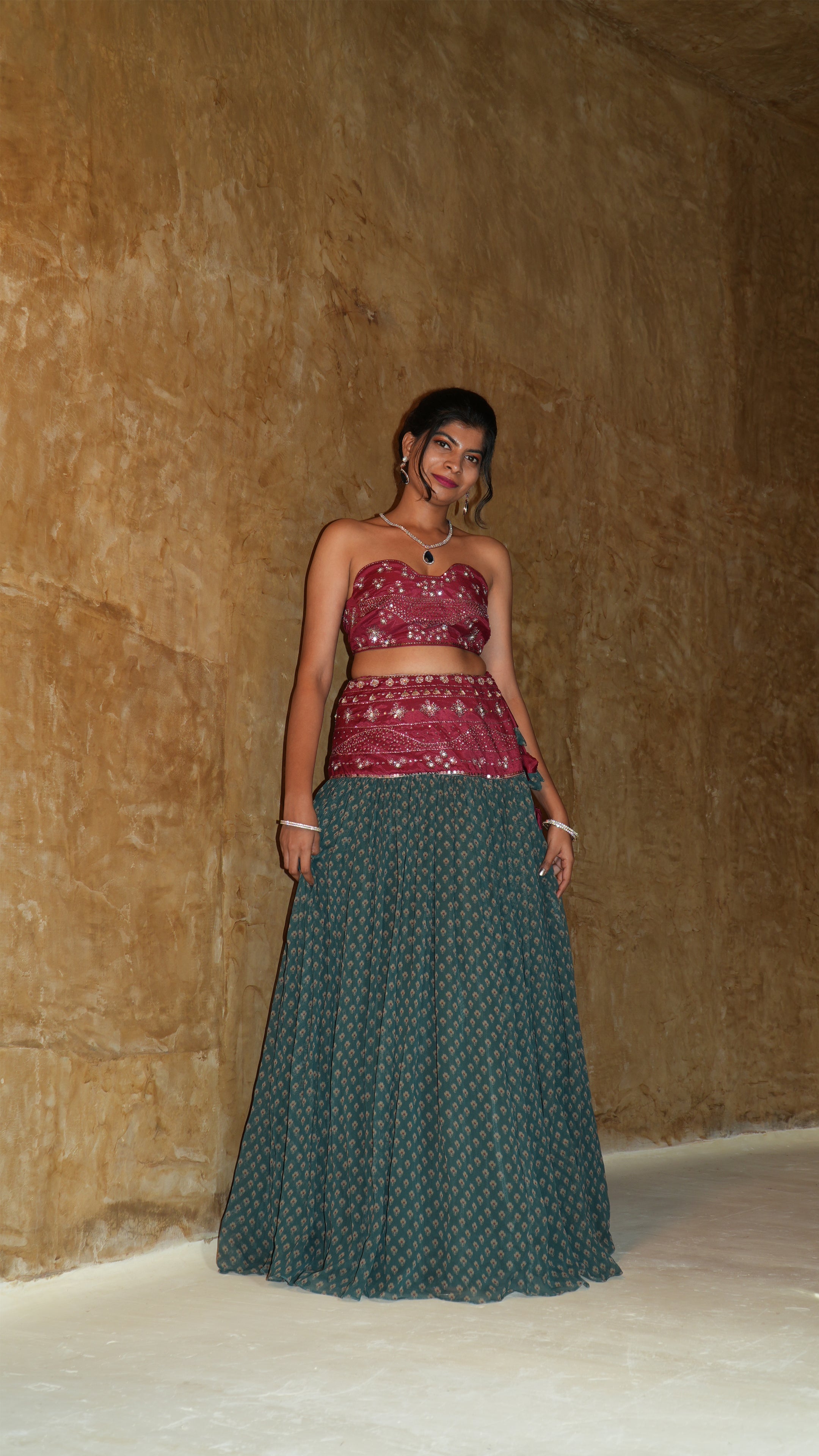 RED TERRA SHEAR FLORAL LEHENGA SET