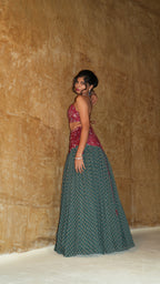 RED TERRA SHEAR FLORAL LEHENGA SET