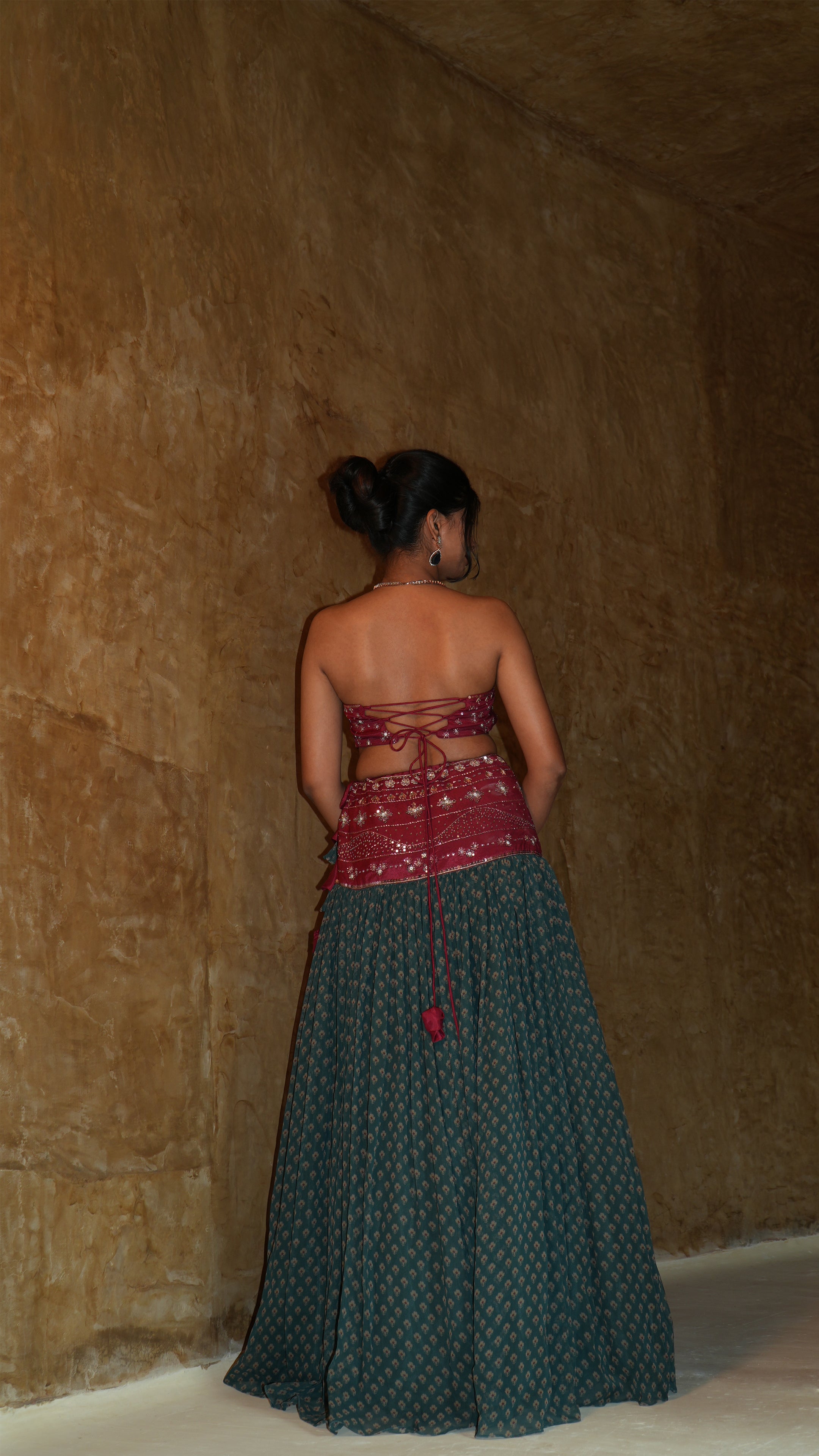 RED TERRA SHEAR FLORAL LEHENGA SET