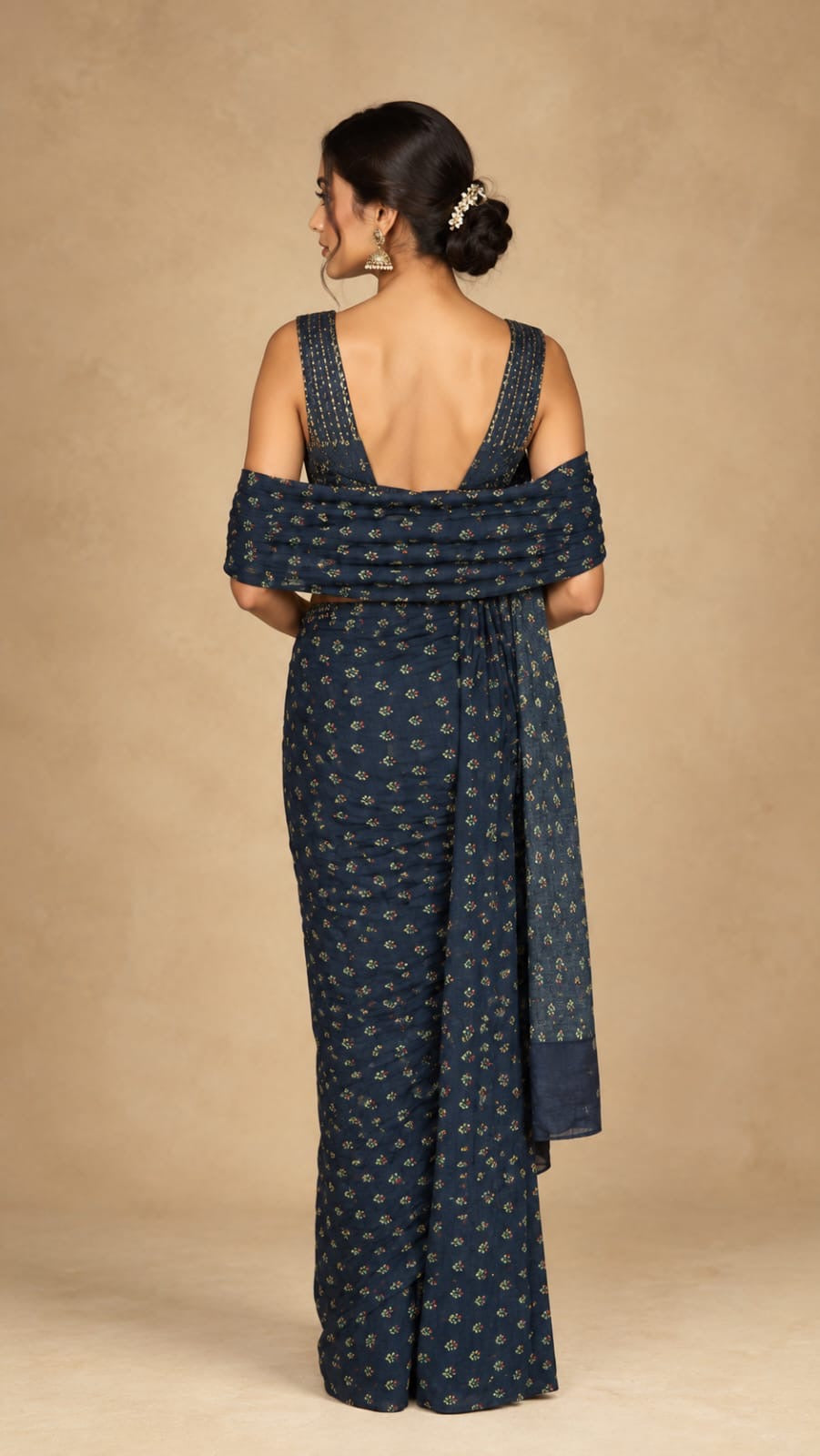 Pre draped navy sprig Saree with Rosie worked blouse and waist belt