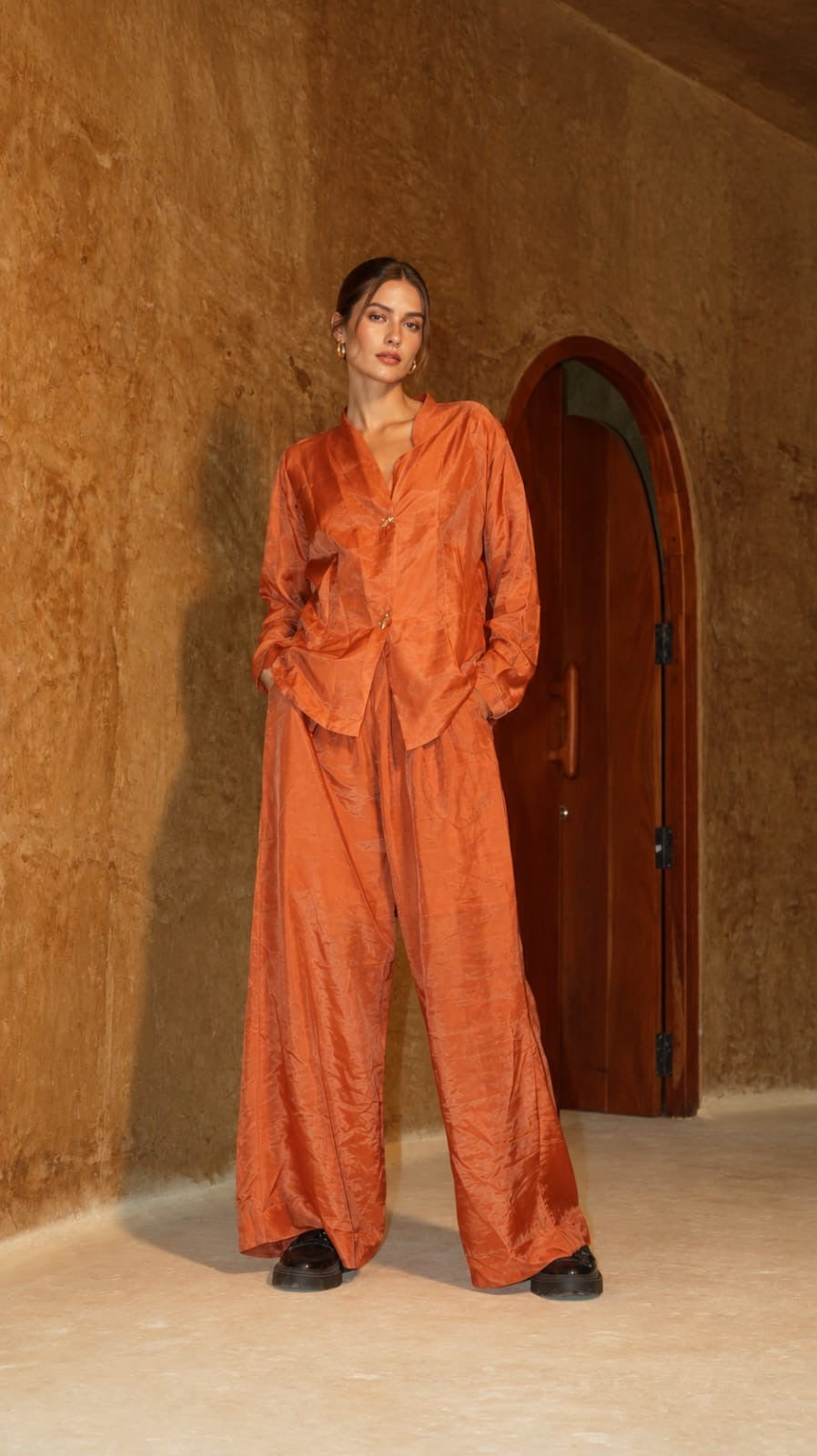 Burnt orange shawl collar shirt
