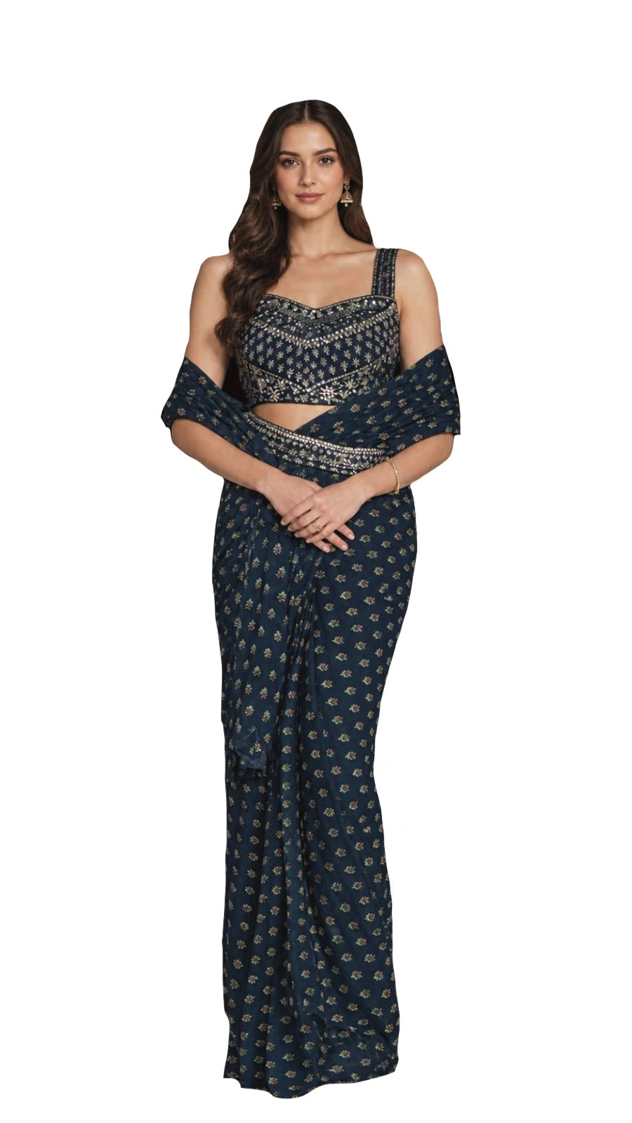 Pre draped navy sprig Saree with Rosie worked blouse and waist belt