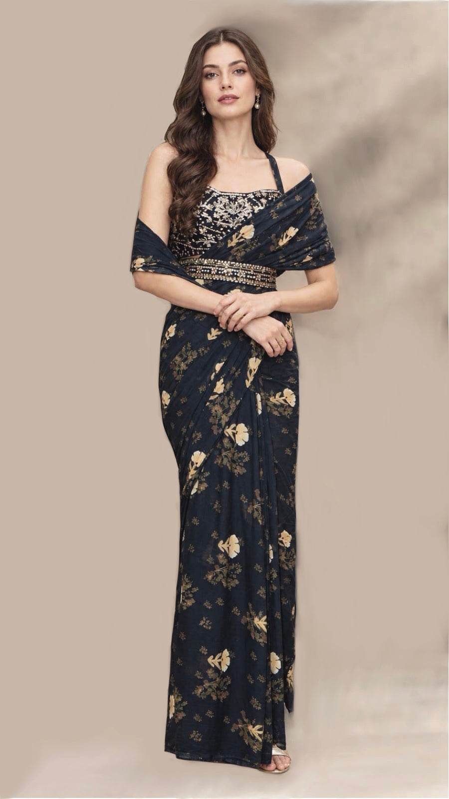 Pre-Pleated Saree with Worked Blouse & Belt