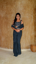 Pre draped navy sprig Saree with Rosie worked blouse and waist belt