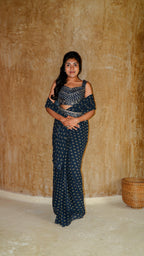 Pre draped navy sprig Saree with Rosie worked blouse and waist belt