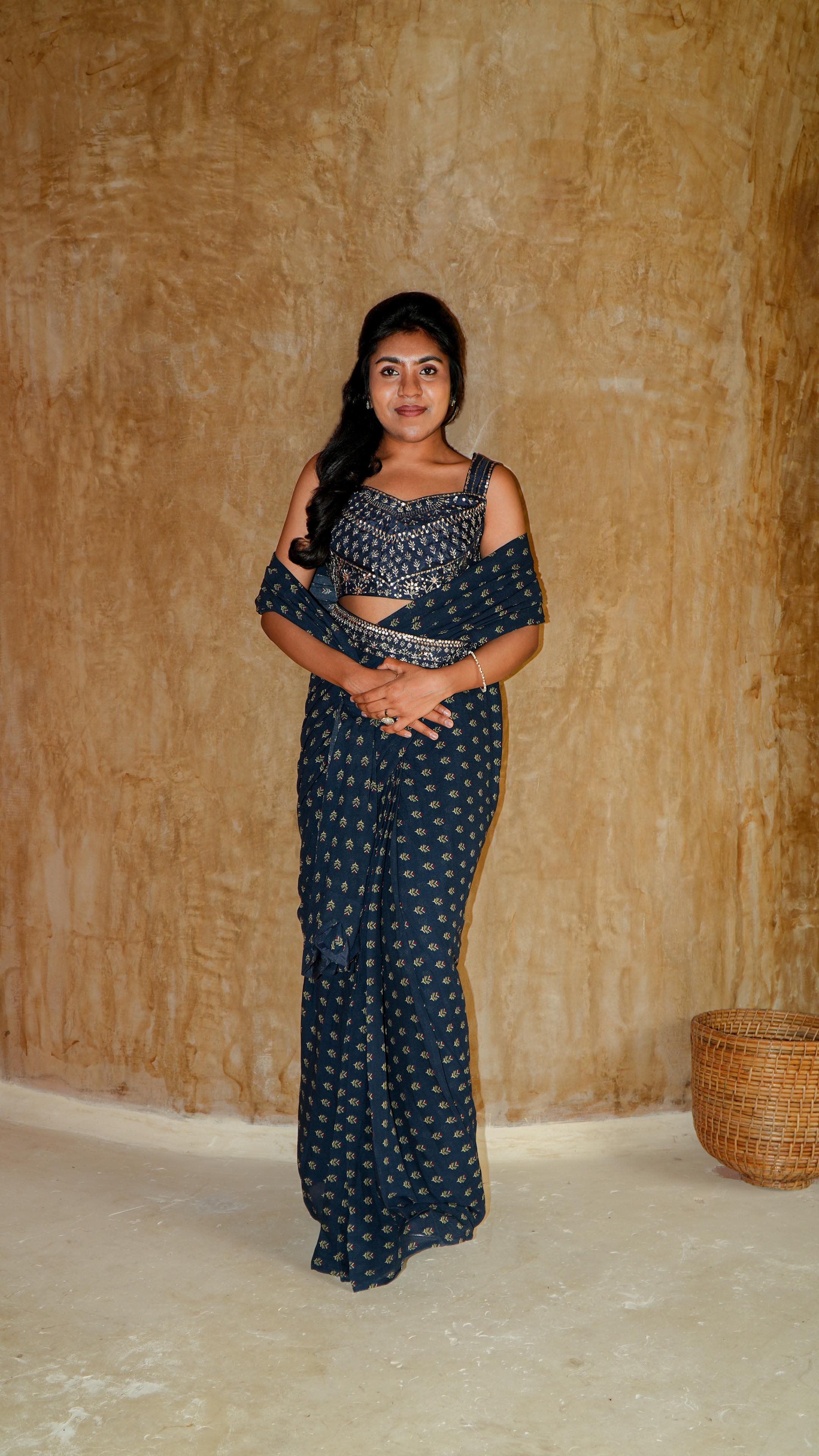 Pre draped navy sprig Saree with Rosie worked blouse and waist belt