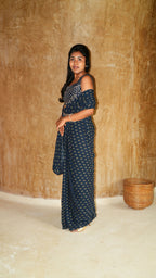 Pre draped navy sprig Saree with Rosie worked blouse and waist belt