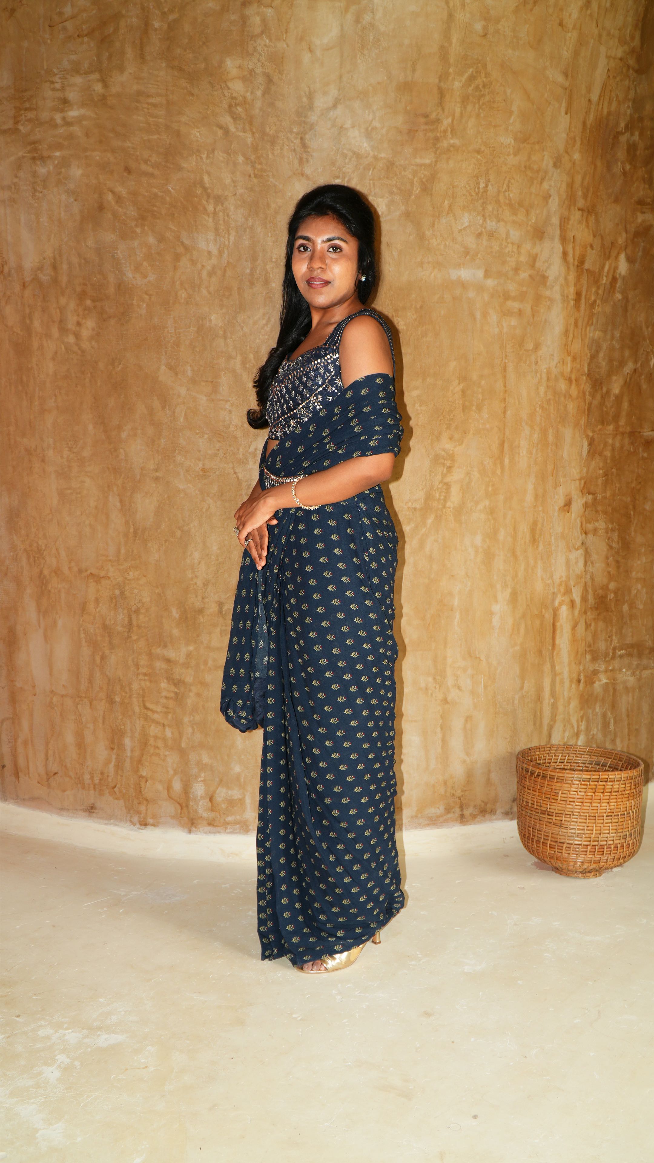 Pre draped navy sprig Saree with Rosie worked blouse and waist belt