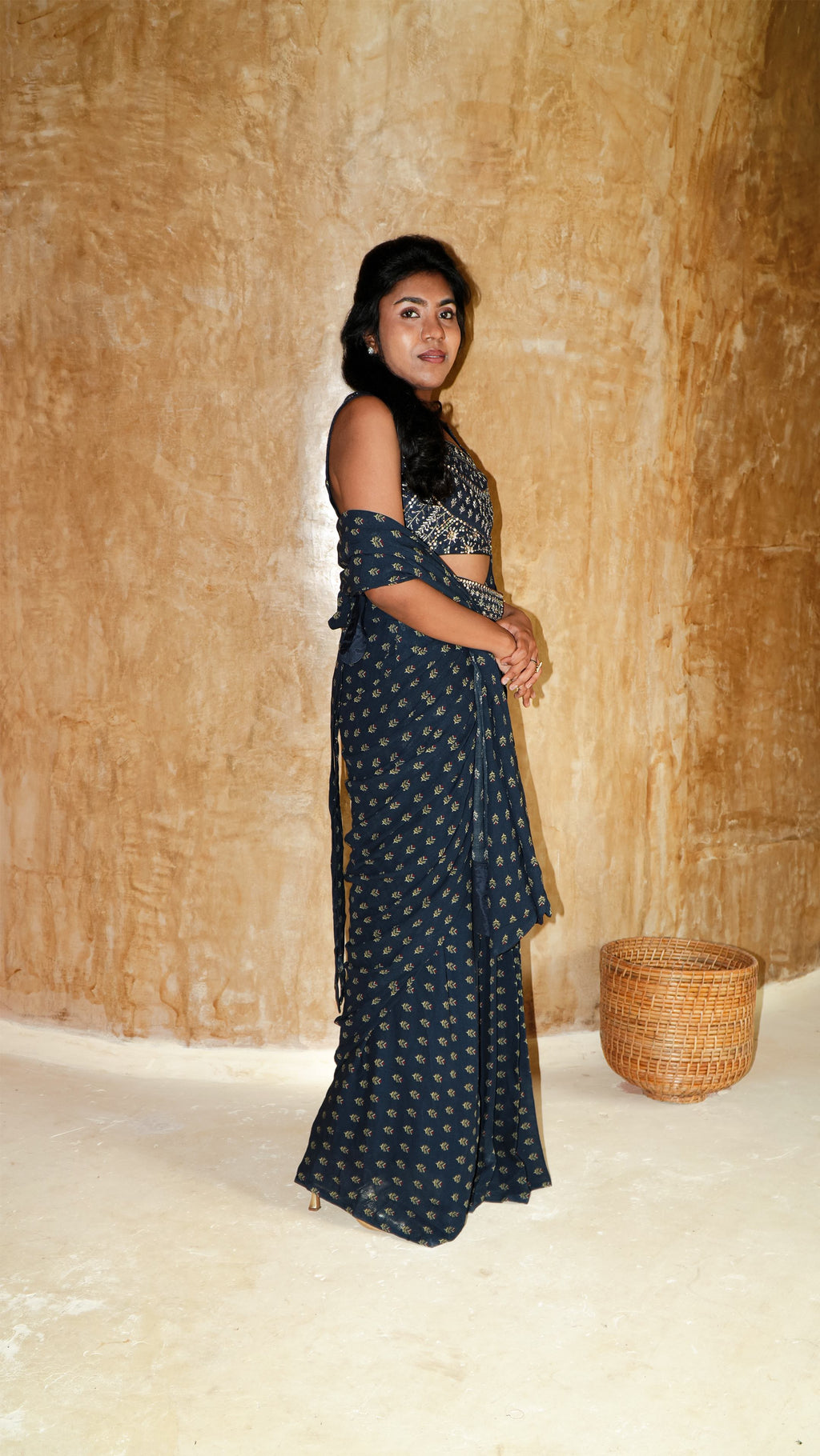 Pre draped navy sprig Saree with Rosie worked blouse and waist belt