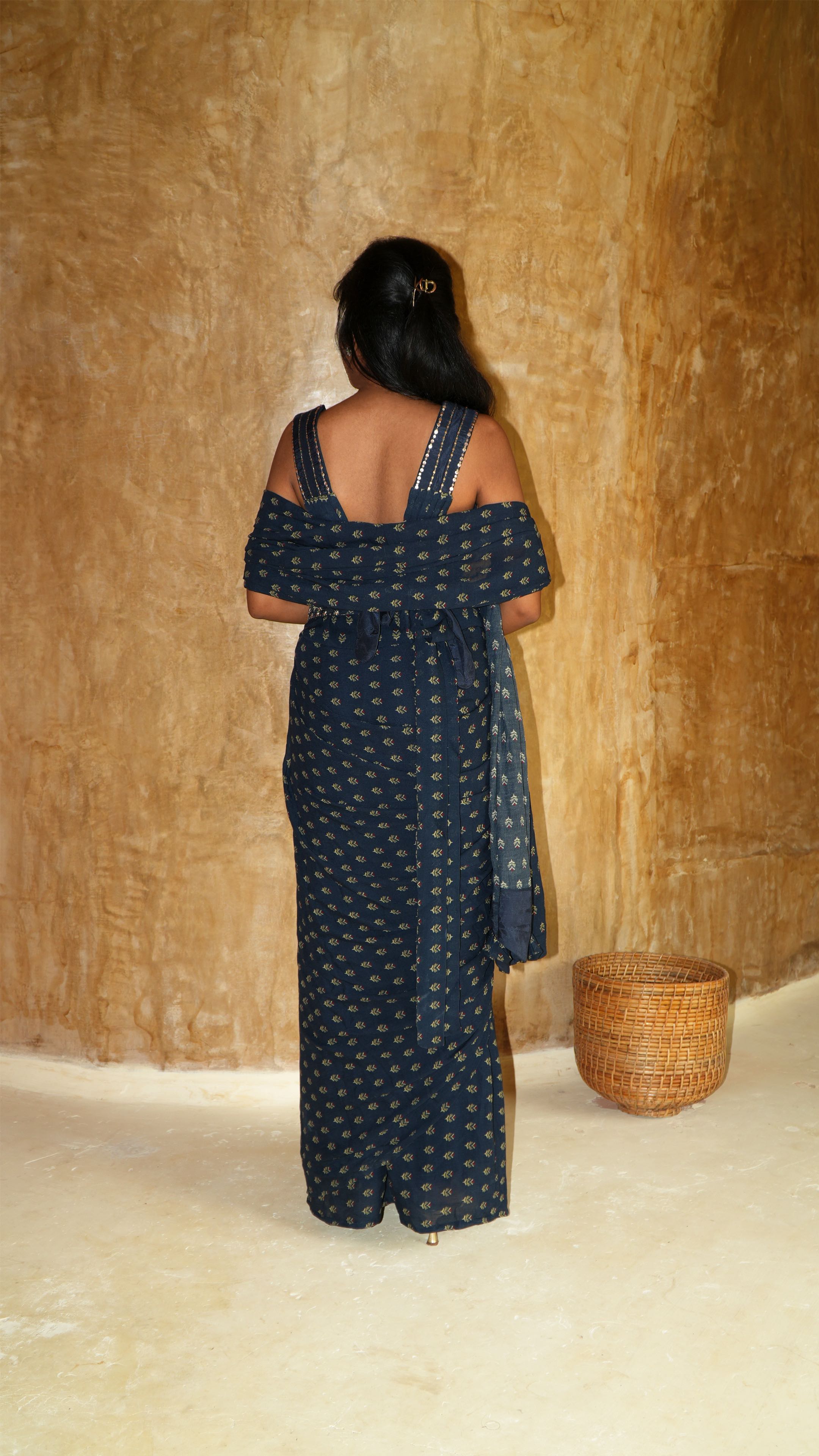 Pre draped navy sprig Saree with Rosie worked blouse and waist belt