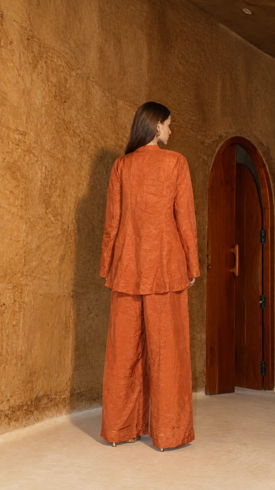 Burnt orange shawl collar shirt