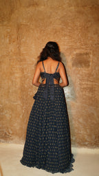 Navy sprig gathering lehenga with floating panel and blush tinted hand embroidered bodice with coat