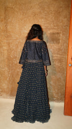 Navy sprig gathering lehenga with floating panel and blush tinted hand embroidered bodice with coat