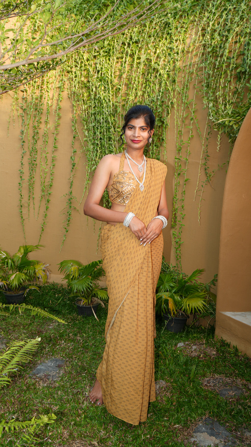 Ochre Floret Halter-Tie Bodice with Pre-Pleated Saree