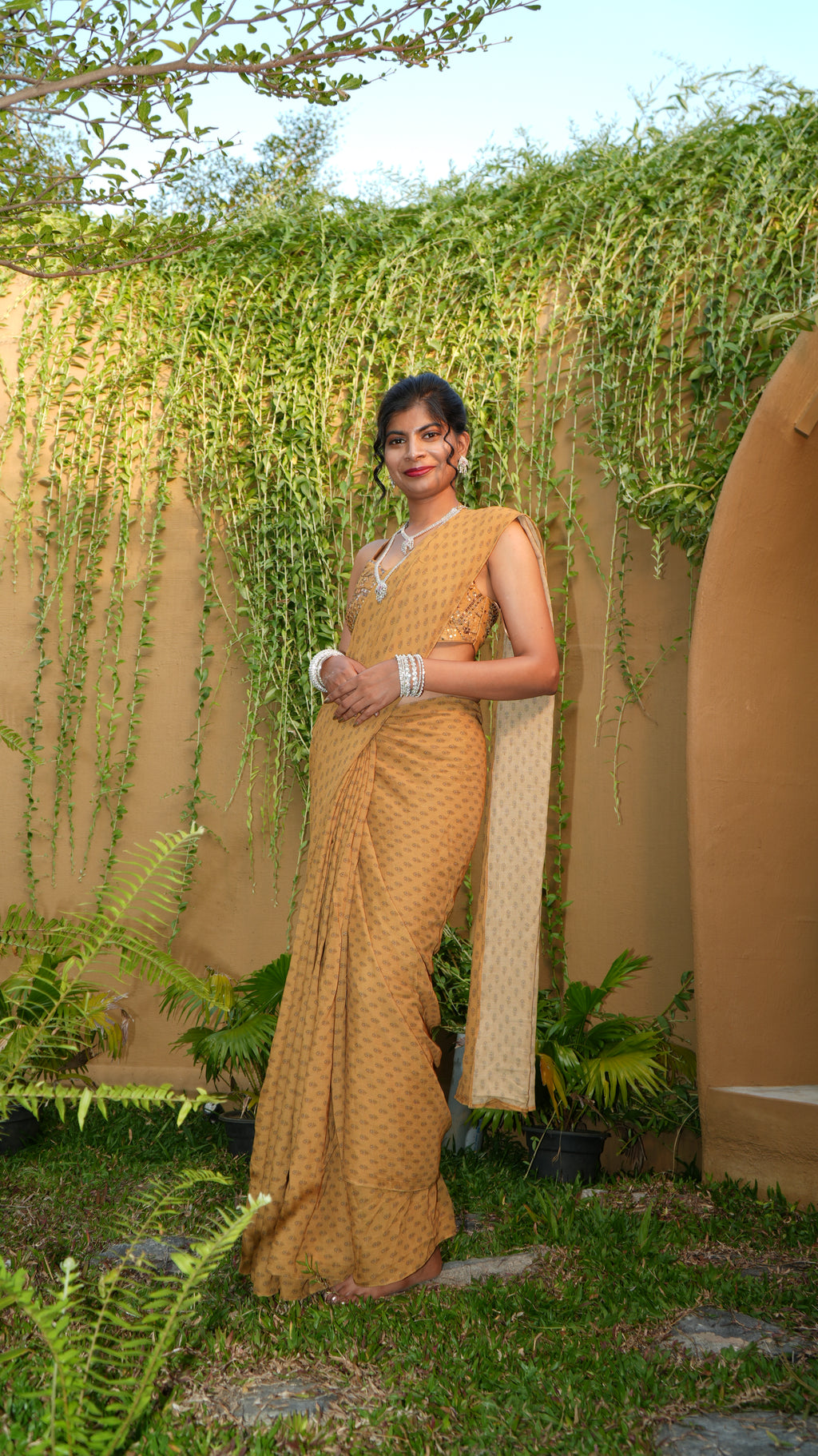 Ochre Floret Halter-Tie Bodice with Pre-Pleated Saree
