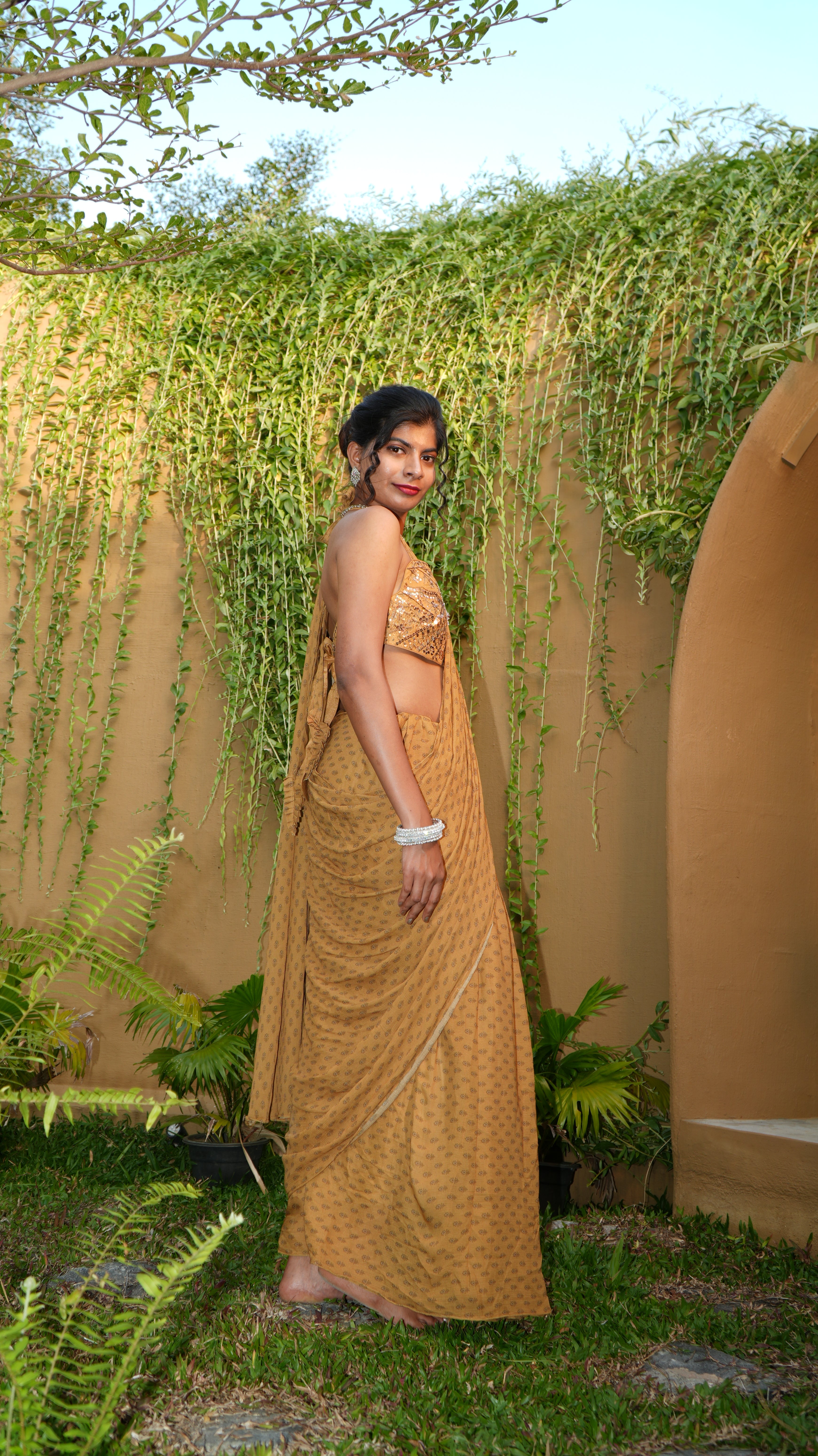 Ochre Floret Halter-Tie Bodice with Pre-Pleated Saree