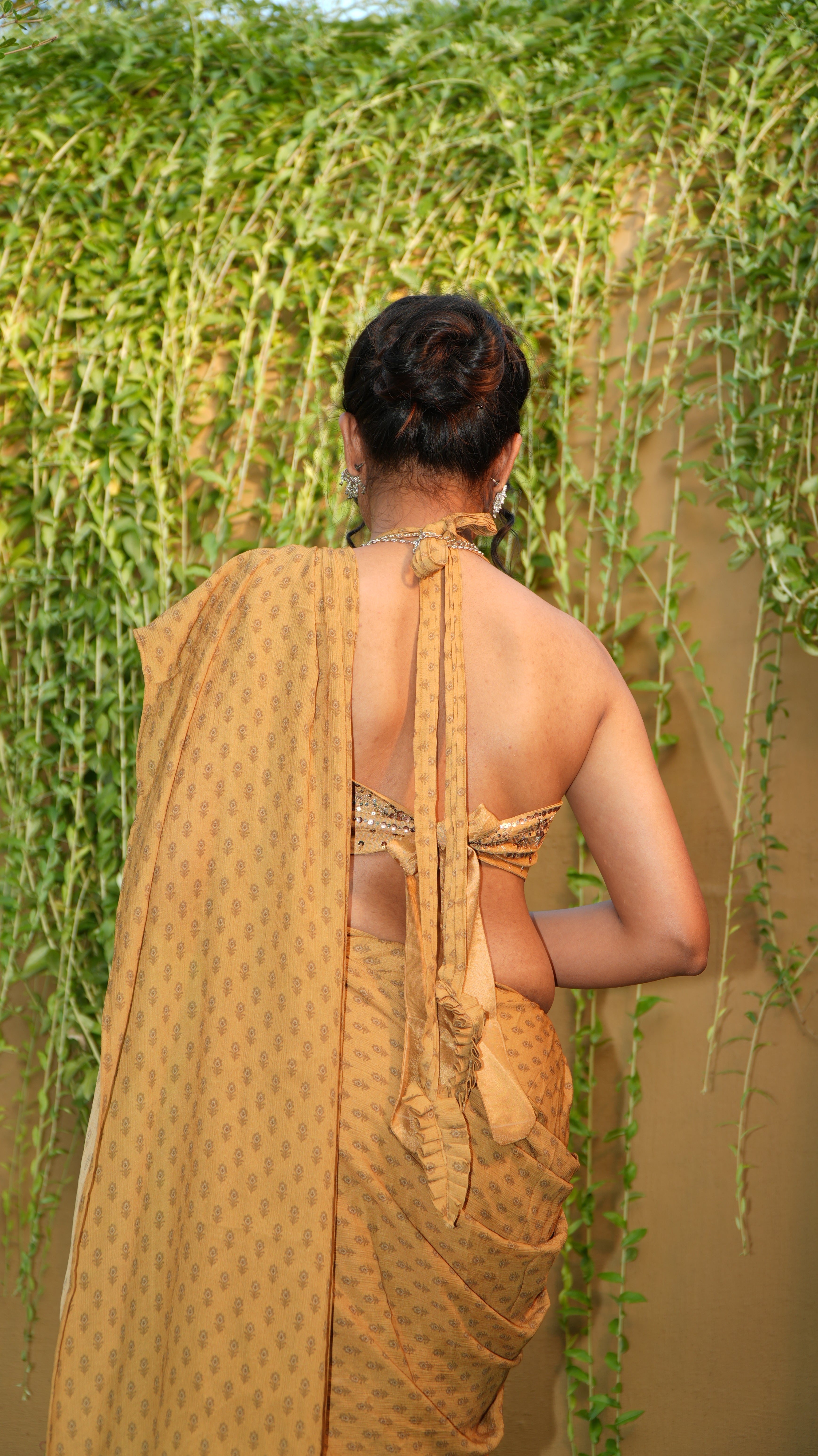 Ochre Floret Halter-Tie Bodice with Pre-Pleated Saree