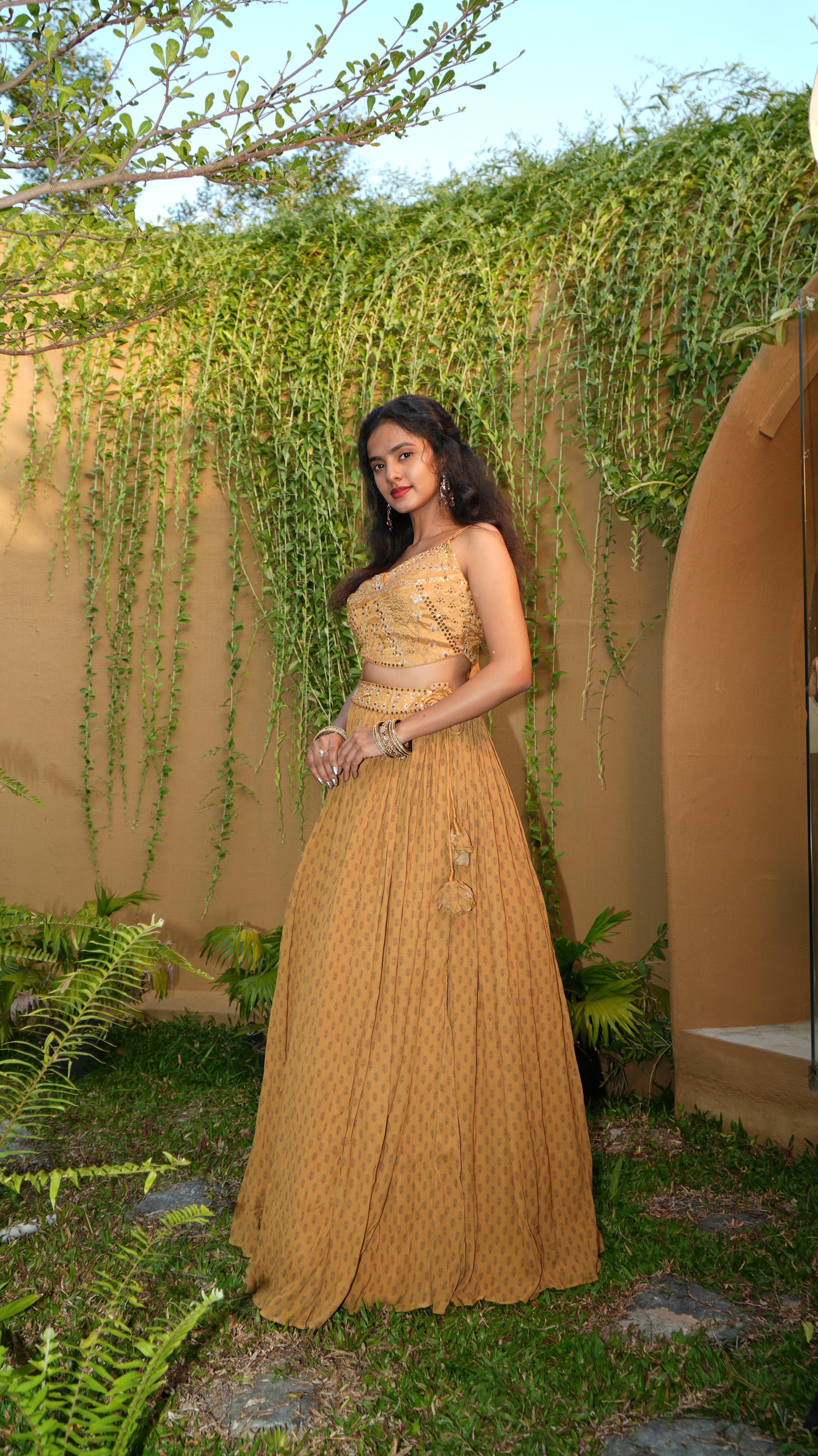 Ochre Floret Overlap Bodice with Gathering Skirt