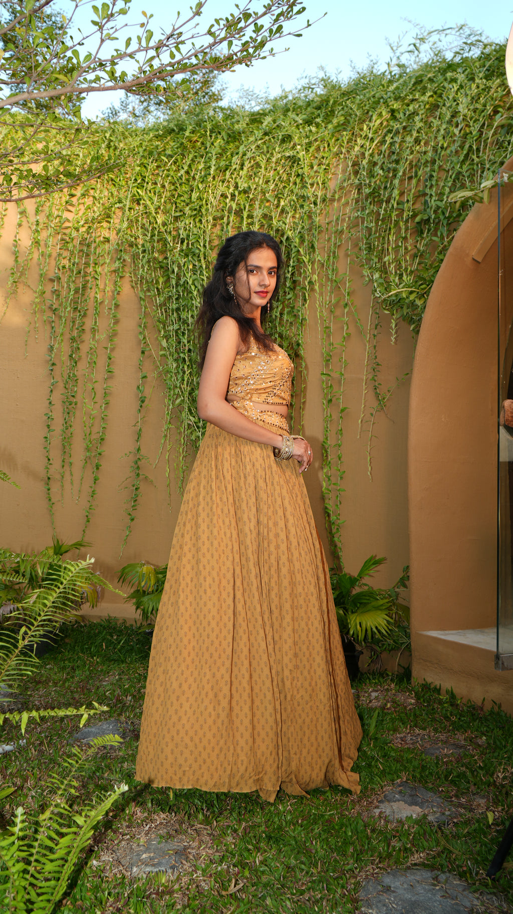 Ochre Floret Overlap Bodice with Gathering Skirt