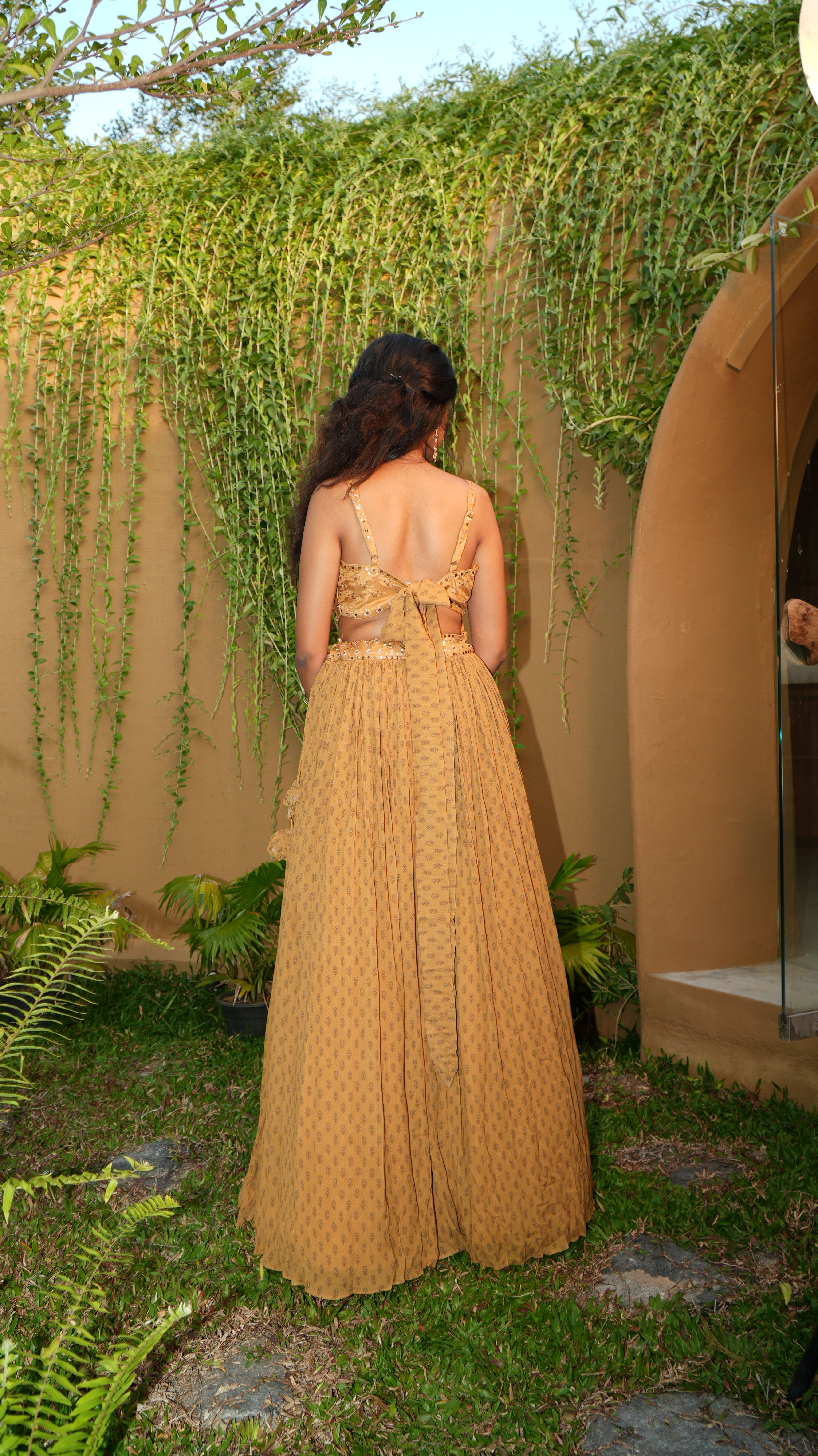 Ochre Floret Overlap Bodice with Gathering Skirt