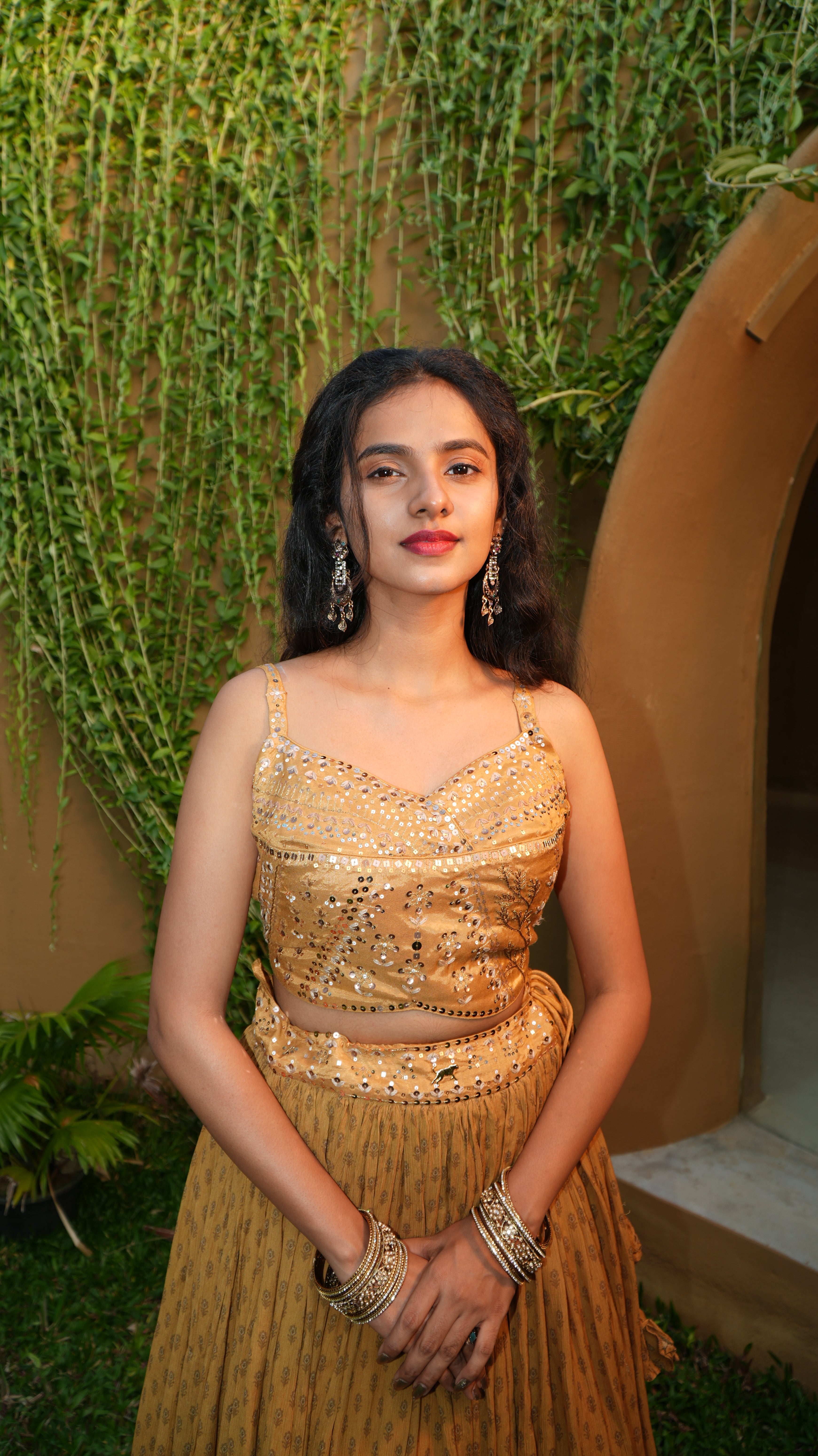 Ochre Floret Overlap Bodice with Gathering Skirt