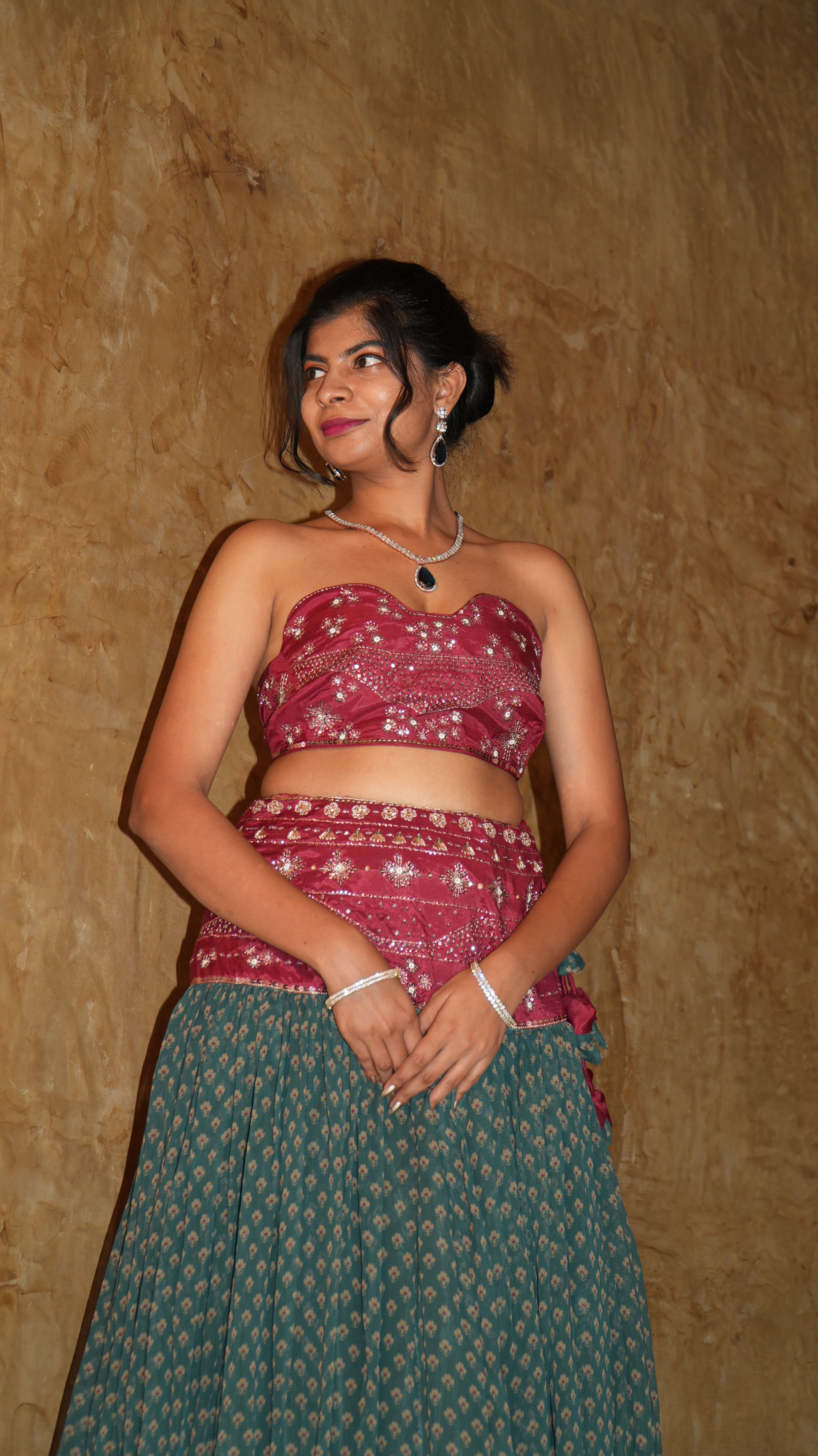 RED TERRA SHEAR FLORAL LEHENGA SET