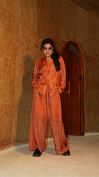Burnt orange shawl collar shirt