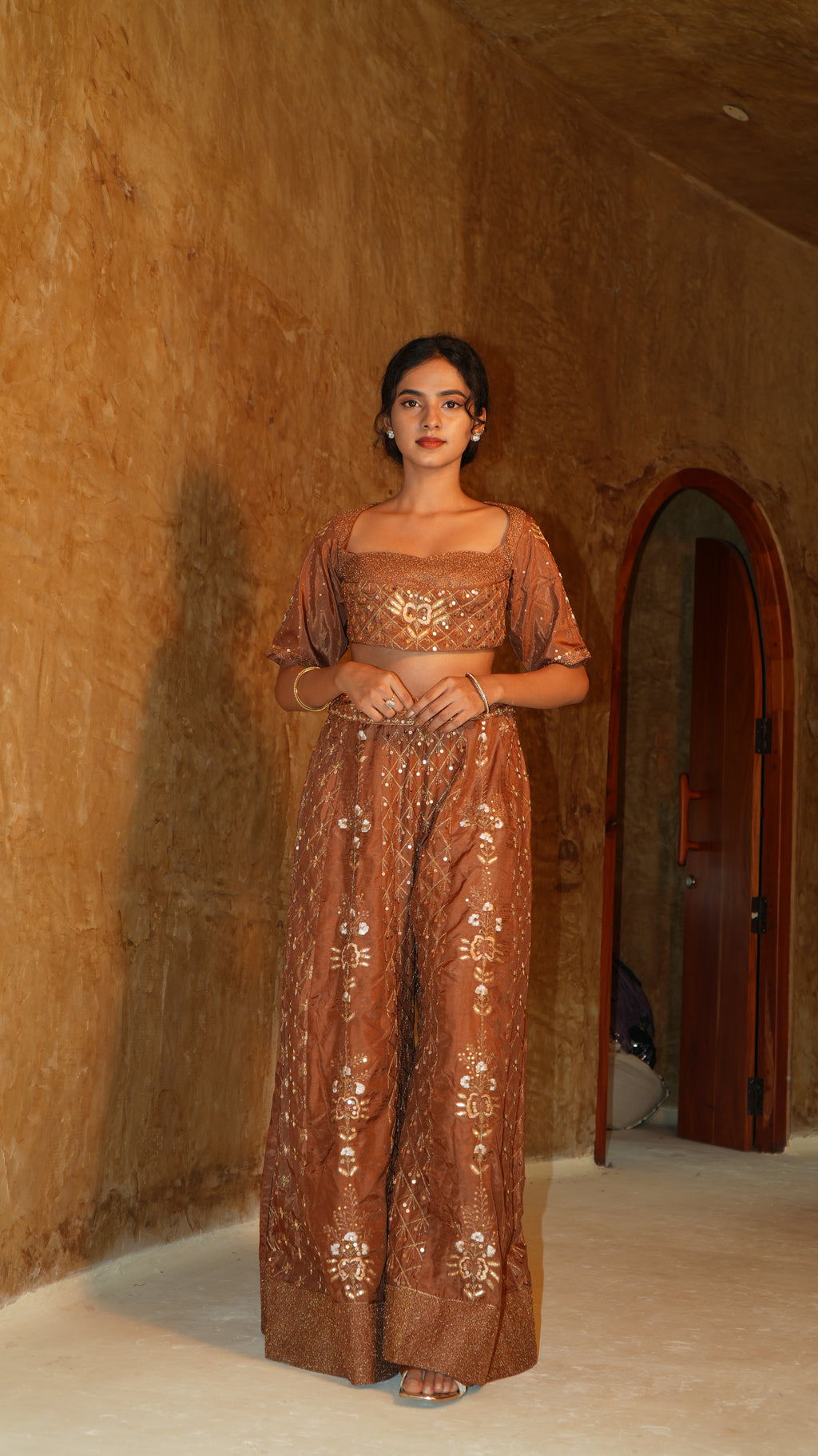 Cupro Earth Brown Palazzo Set