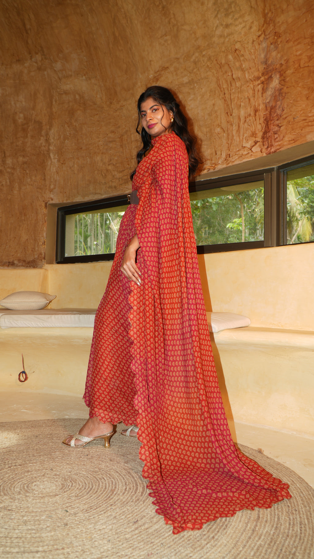 Ornate claret pre draped saree with top