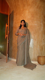 Olive Rosette Pre Pleated Saree with pleated blouse