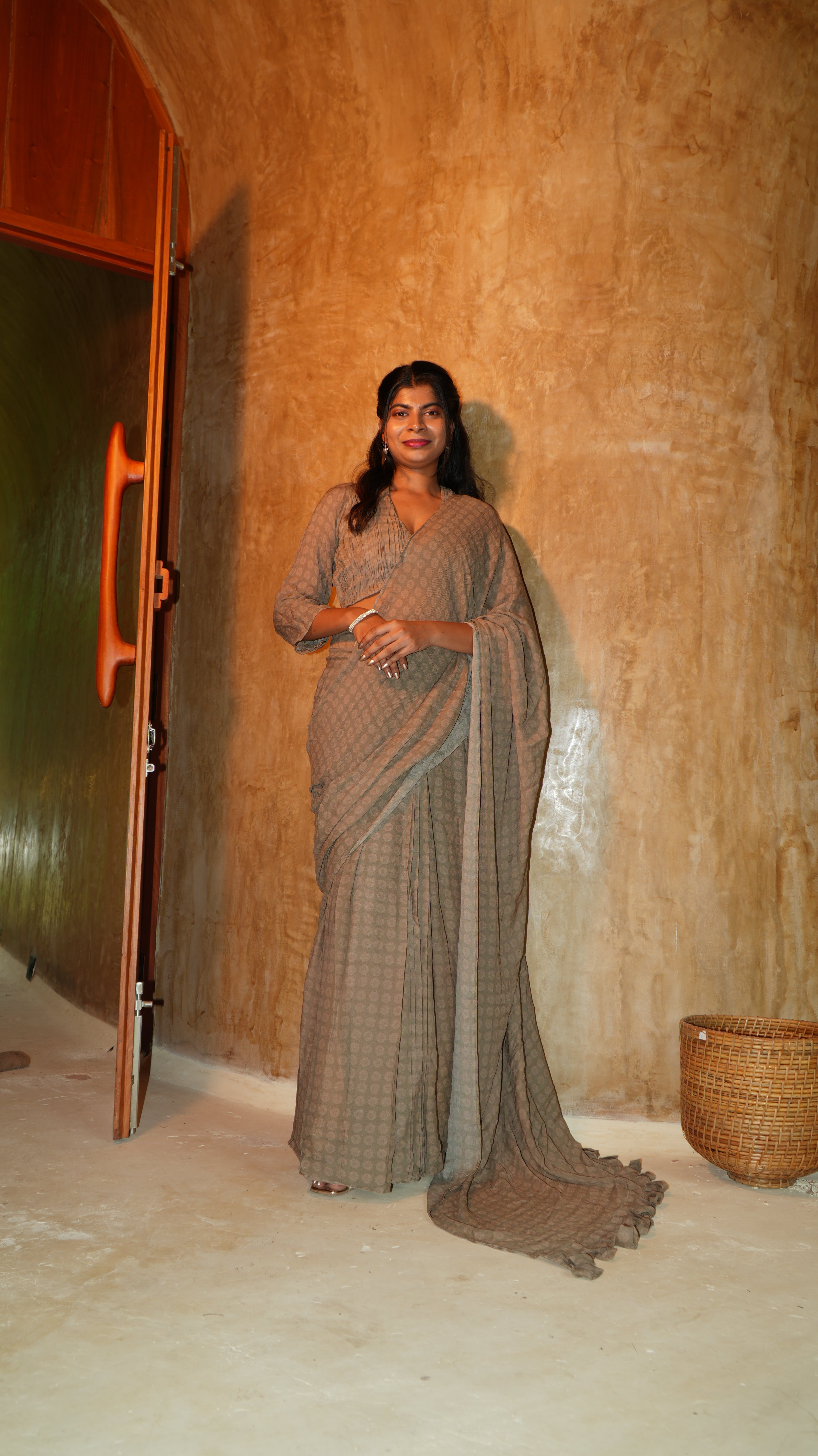 Olive Rosette Pre Pleated Saree with pleated blouse