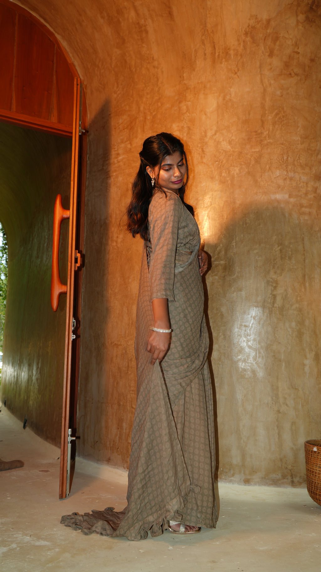 Olive Rosette Pre Pleated Saree with pleated blouse