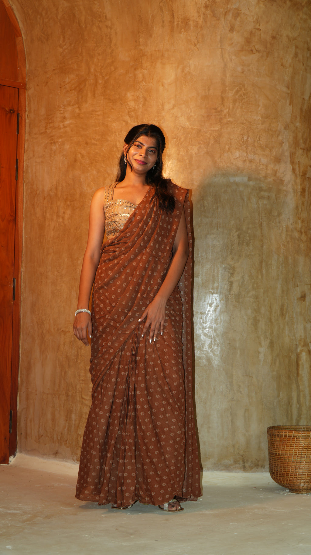 Rust Fern Pre Draped Saree With Hand Worked Bodice