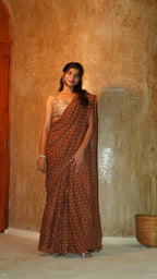 Rust Fern Pre Draped Saree With Hand Worked Bodice