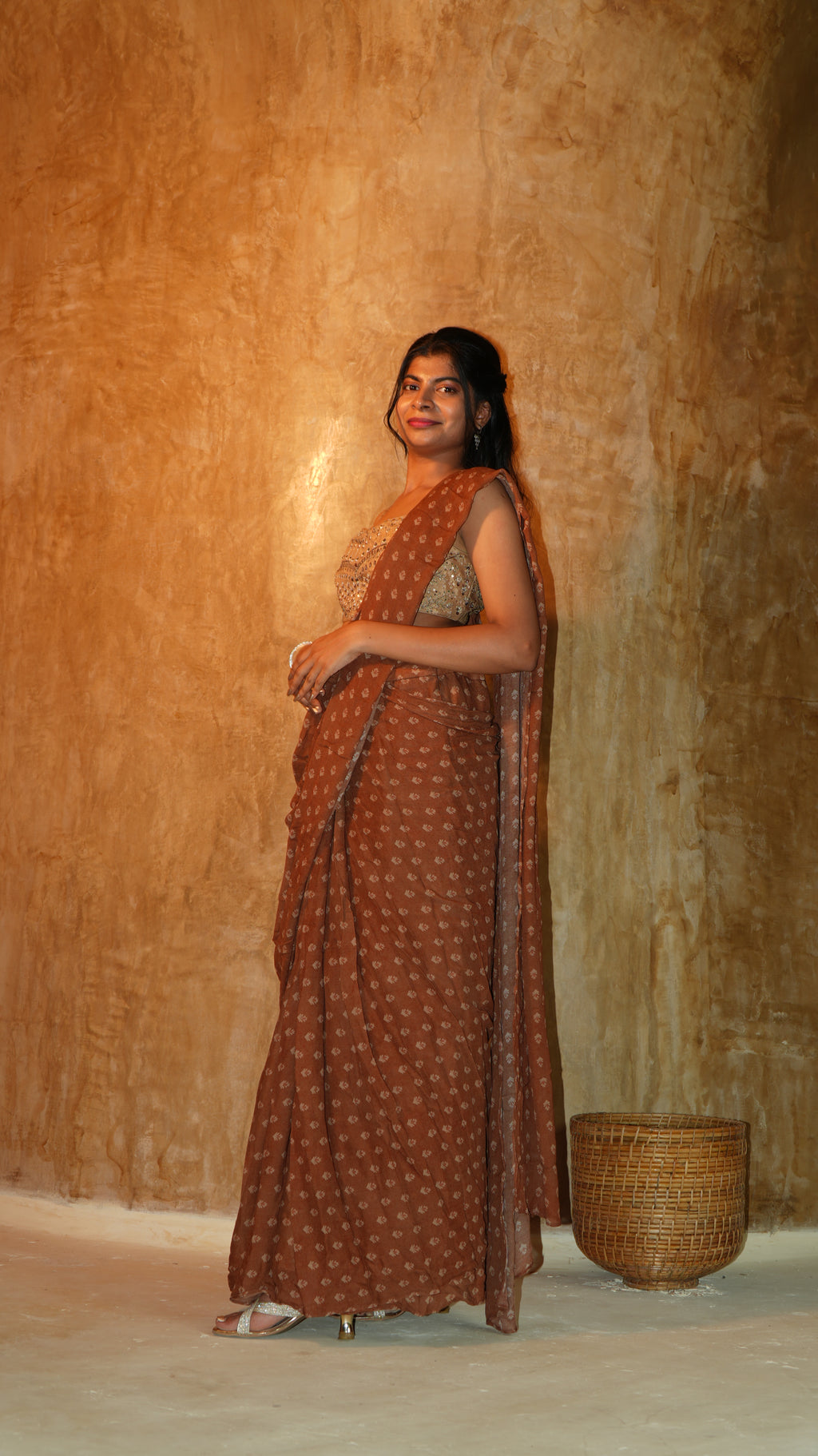 Rust Fern Pre Draped Saree With Hand Worked Bodice