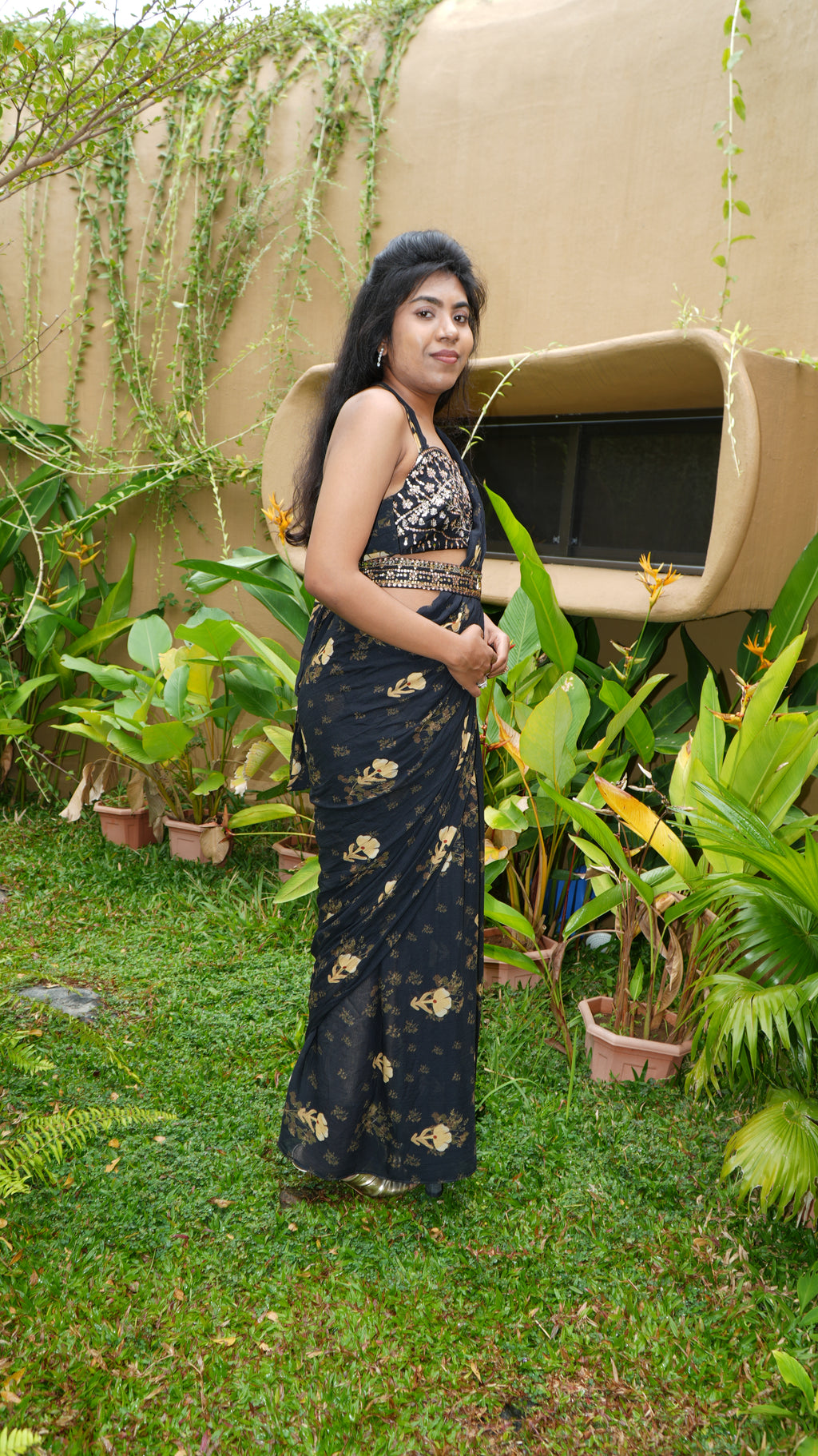 Pre-Pleated Saree with Worked Blouse & Belt