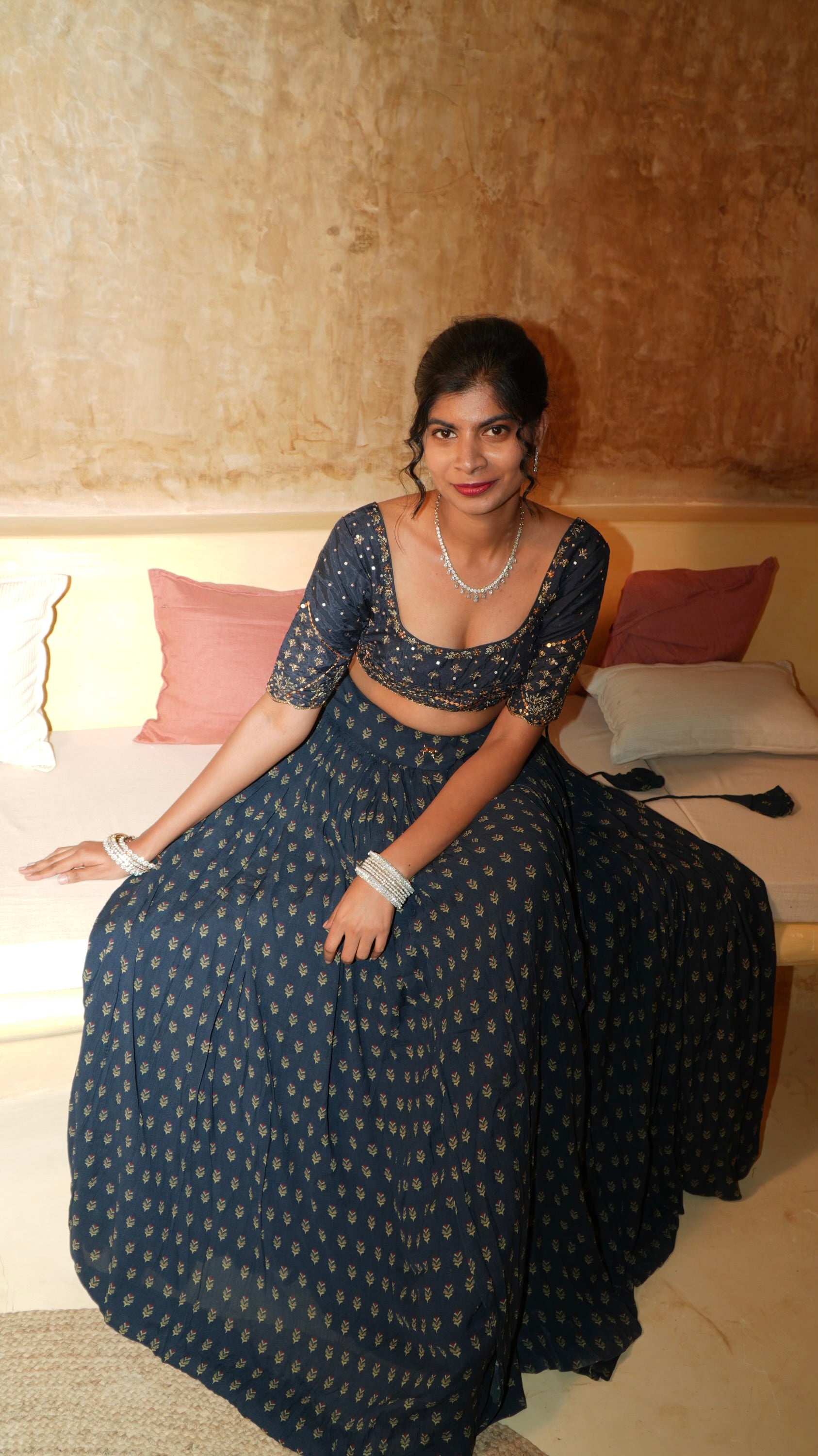 Blue festonne blouse with navy sprig skirt - rose tea handcrafted embroidery