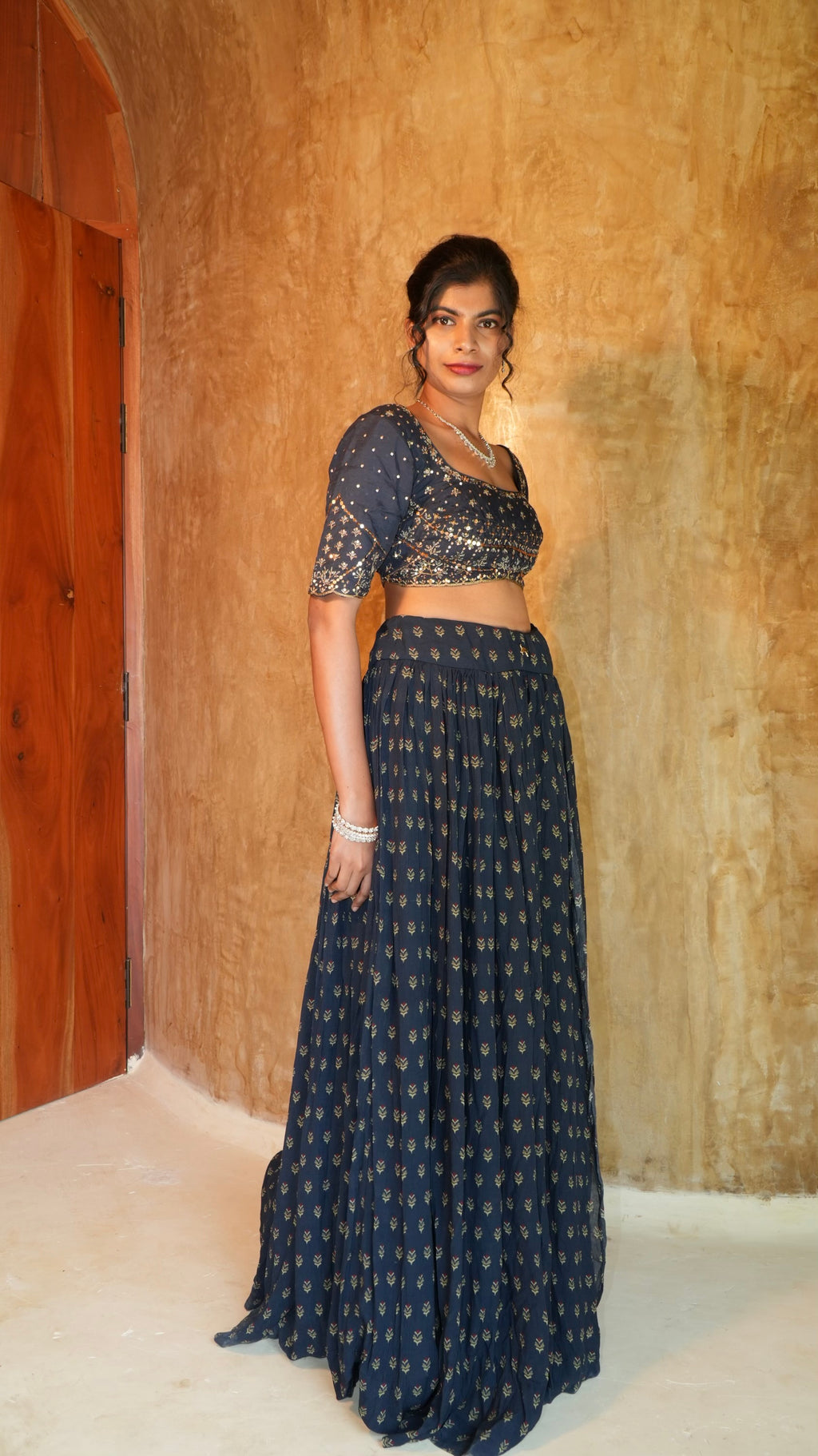 Blue festonne blouse with navy sprig skirt - rose tea handcrafted embroidery
