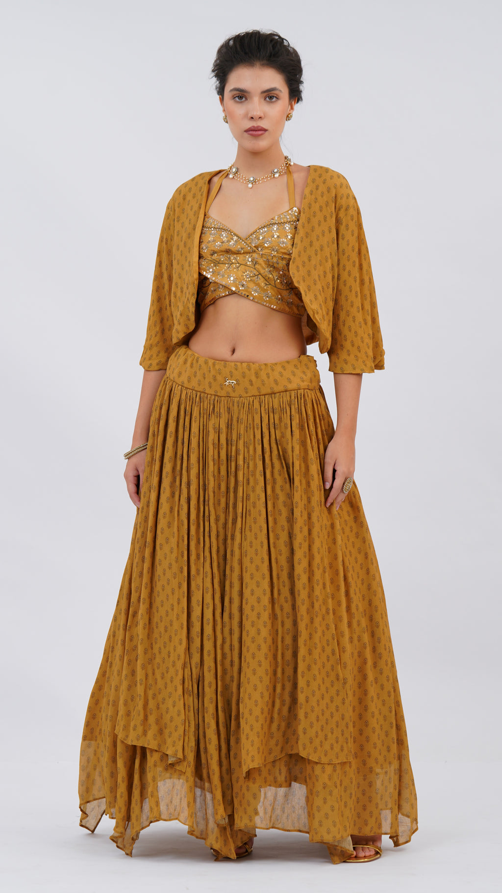 Ochre Floret – Double Overlap Bodice Lehenga