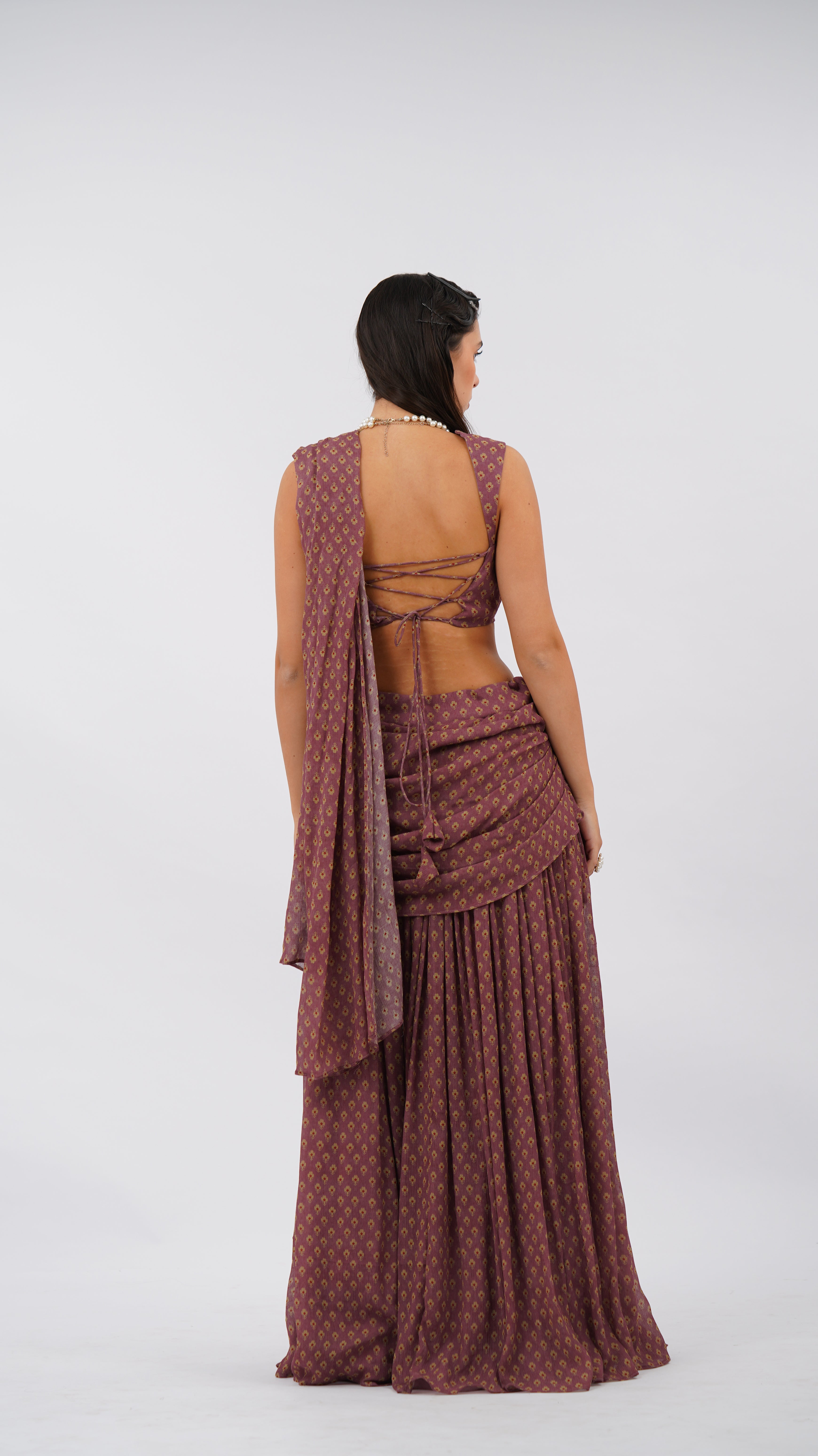 Pre Pleated Petal Dust Saree With Bodice & Two Pockets