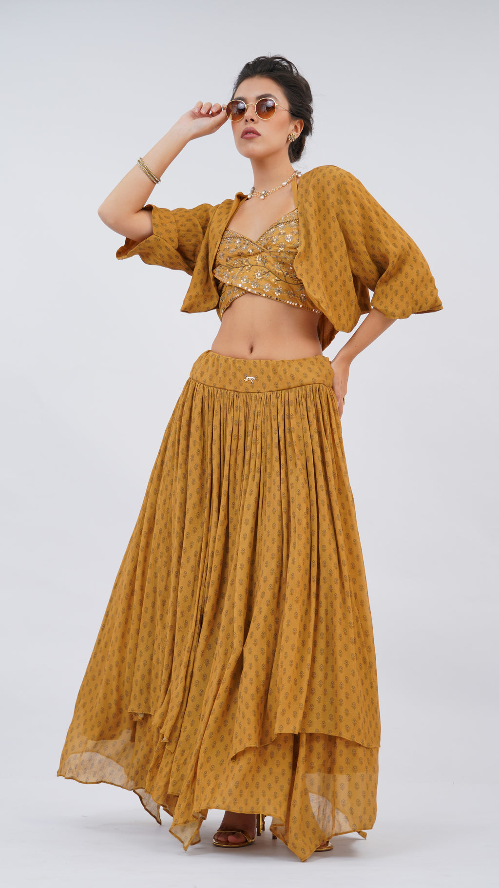 Ochre Floret – Double Overlap Bodice Lehenga