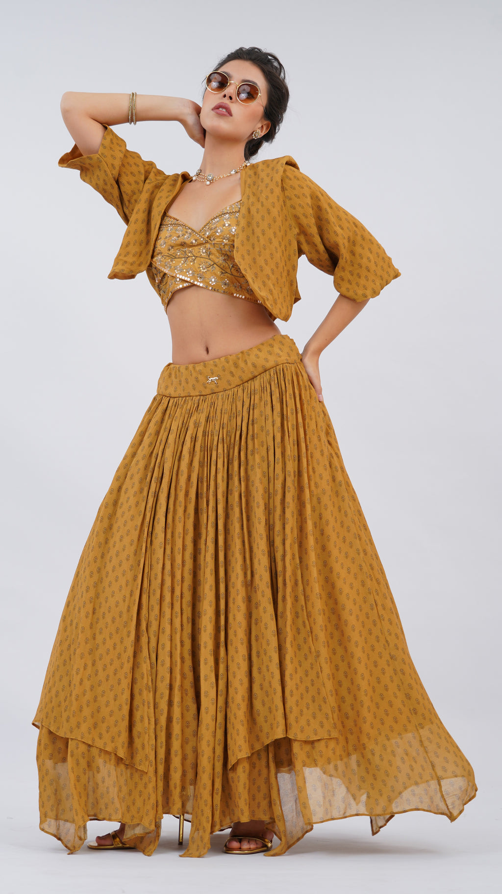 Ochre Floret – Double Overlap Bodice Lehenga