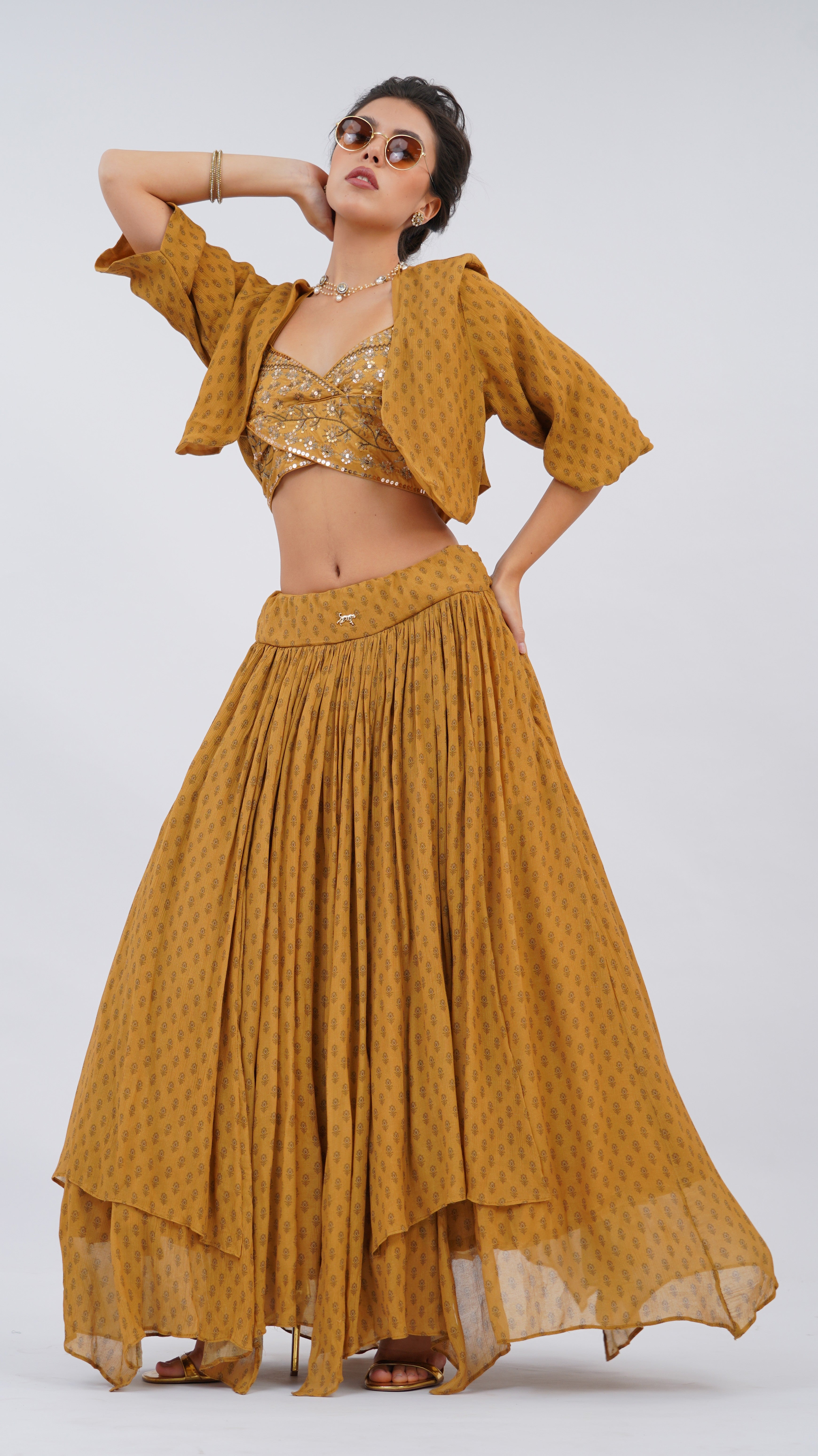 Ochre Floret – Double Overlap Bodice Lehenga