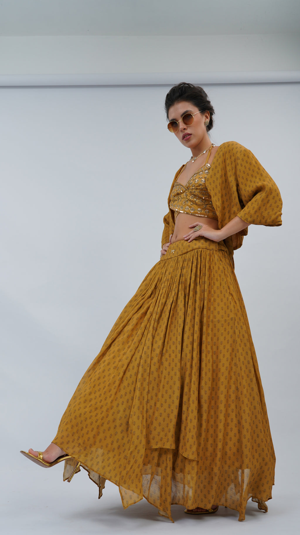 Ochre Floret – Double Overlap Bodice Lehenga