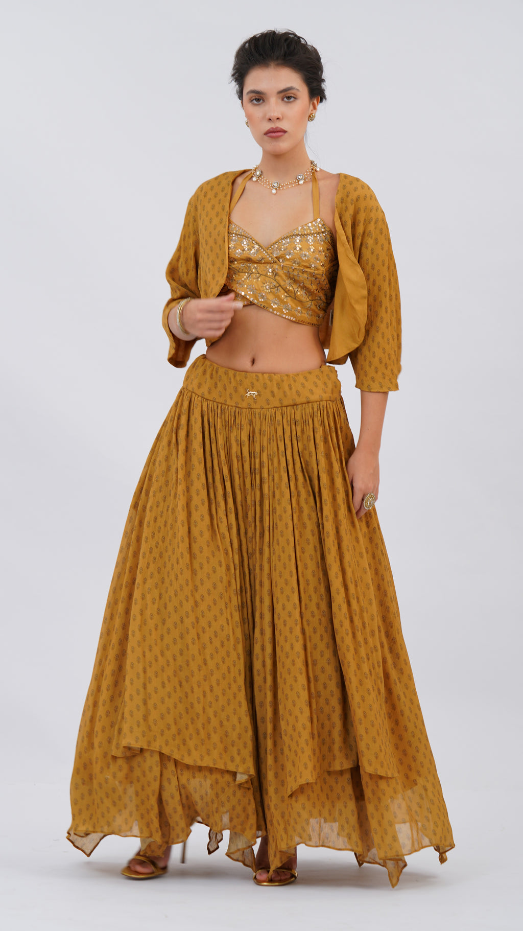 Ochre Floret – Double Overlap Bodice Lehenga